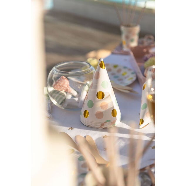 Chapeau de f&ecirc;te blanc &agrave; poids rose, vert et dor&eacute; en carton x 8