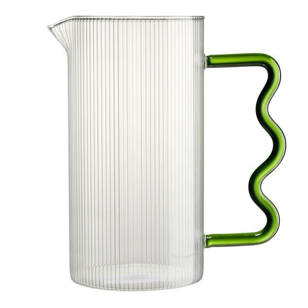 Carafe en verre transparent avec anse ondul&eacute;e organique verte &Oslash;10xH19,5cm