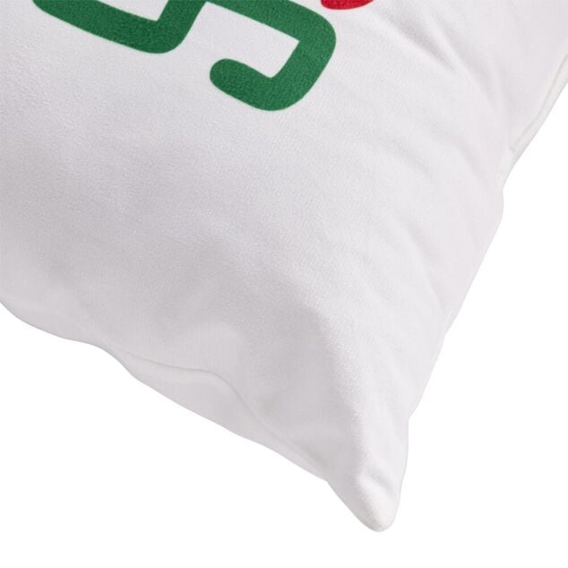 Coussin carr&eacute; inscription Chili Spicy motif piment blanc vert rouge 40x40cm