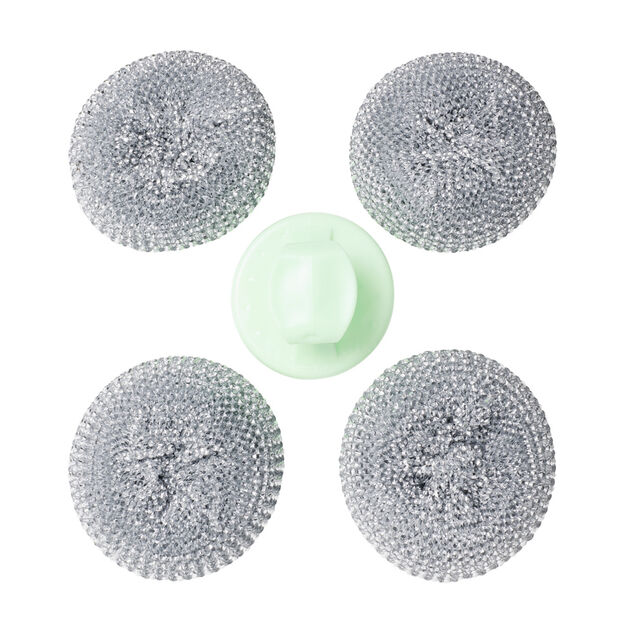 Éponge boule grattante x4 acier inox Ø8cm avec 1 poignée