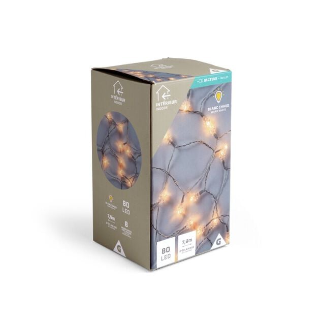 Guirlande lumineuse int&eacute;rieur diamant 80LED blanc chaud 7,9m