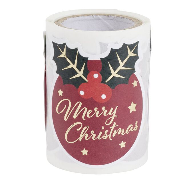 &Eacute;tiquette autocollante No&euml;l x50 houx Merry Christmas rouge th&egrave;me fantasia 5x5cm