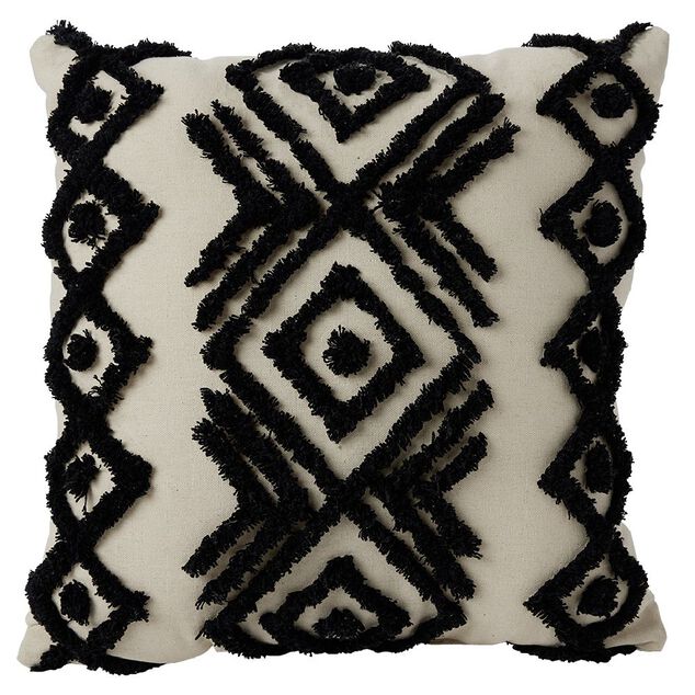 Coussin de sol tuft&eacute; ethnique 50x50cm beige et noir