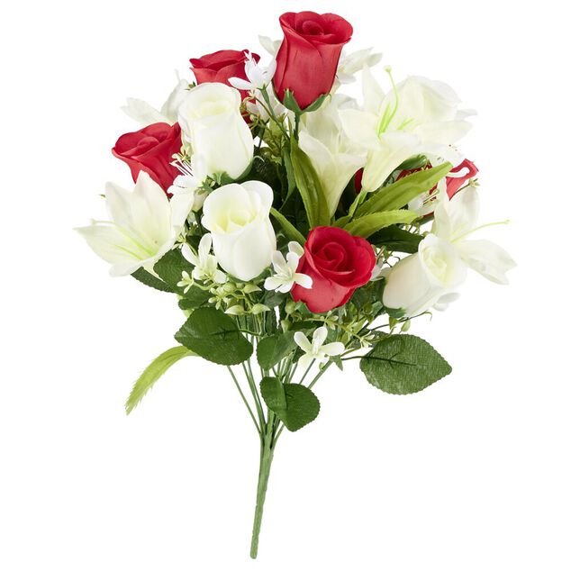 Bouquet artificiel 18 tiges lys roses et petites fleurs rouge et blanc &Oslash;29xH51cm