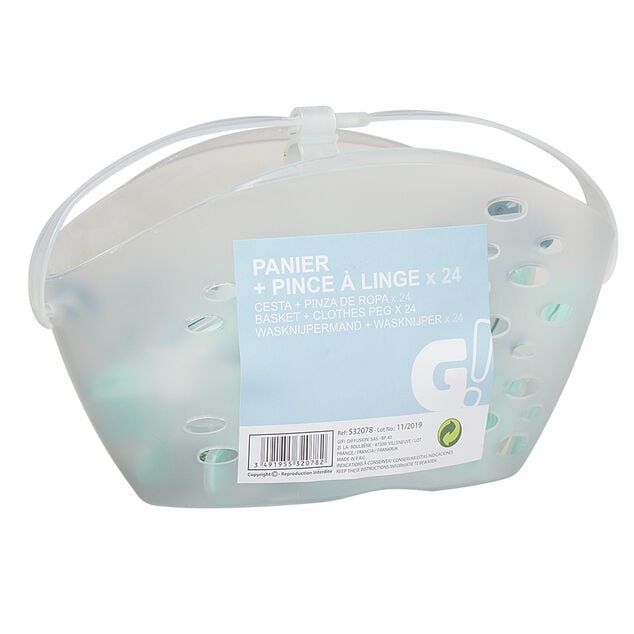 Panier transparent et pince &agrave; linge x24
