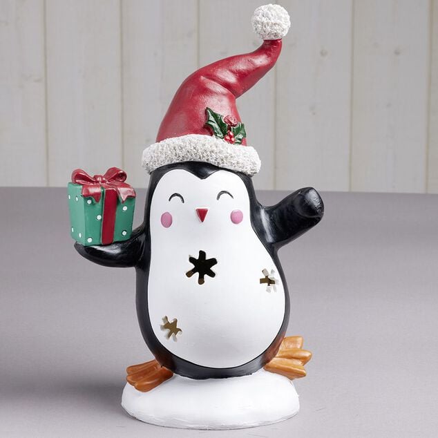 Pingouin solaire polyr&eacute;sine No&euml;l 1 LED blanc chaud H30cm
