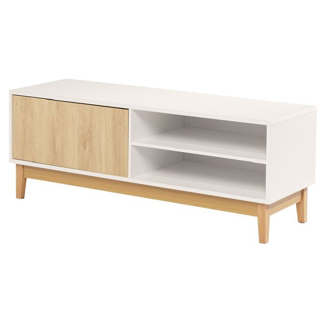 Meuble TV Lida 2 niches 1 porte en bois naturel et blanc