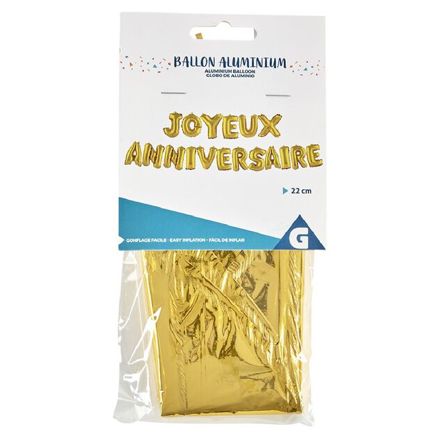 Ballon JOYEUX ANNIVERSAIRE en aluminium dor&eacute;/argent&eacute;