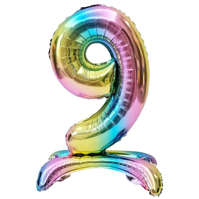 Ballon chiffre 9 avec support aluminium arc-en-ciel 51xH81cm