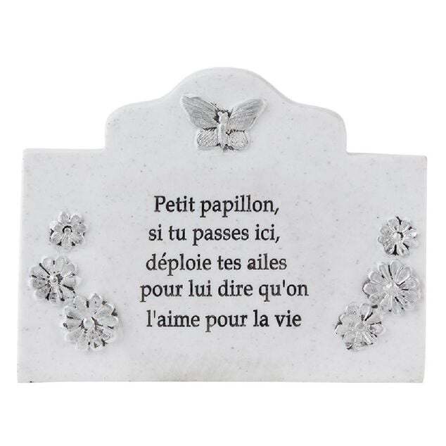 Plaque fun&eacute;raire + pot de fleur motif fleur papillon r&eacute;sine blanc