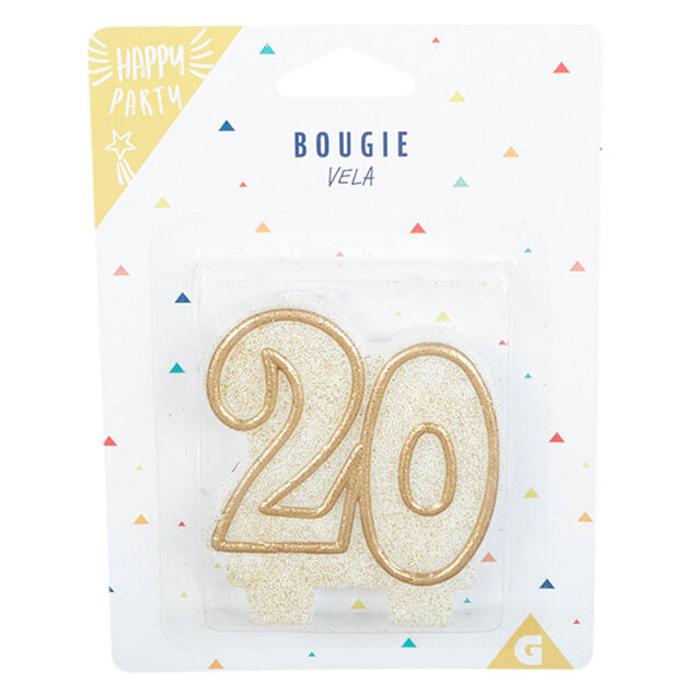 Bougie anniversaire chiffre 20 dor&eacute; paillet&eacute;