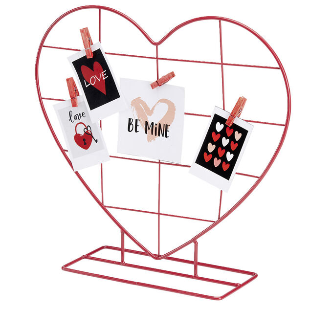 Pêle mêle à poser métal forme coeur rouge avec 4 pinces 34x10xH31cm
