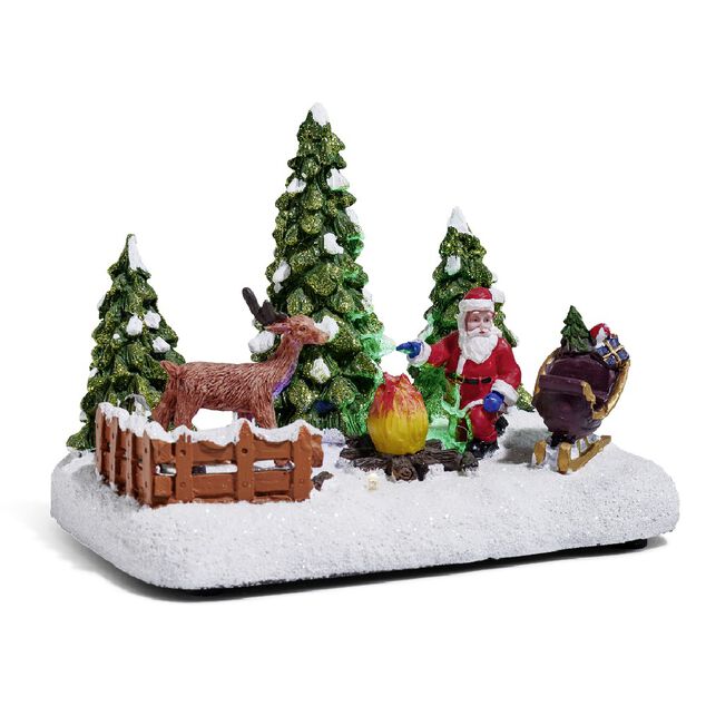 Père Noël et renne lumineux feu de bois sur la neige 4 LED en résine