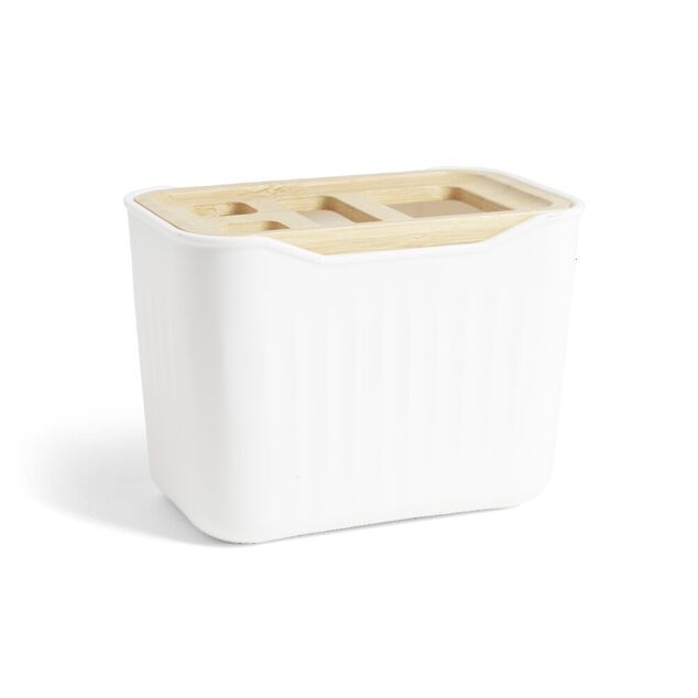 Support brosse à dent plastique blanc avec couvercle bambou 4 trous