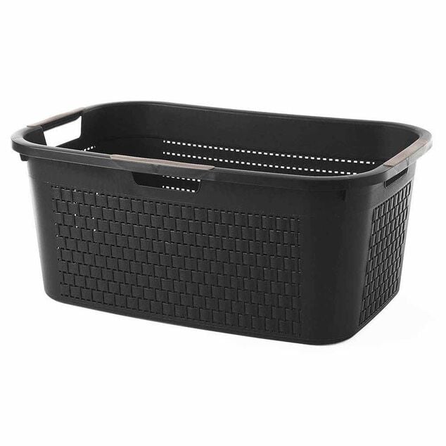 Corbeille &agrave; linge avec poign&eacute;es design rotin noire 40 L