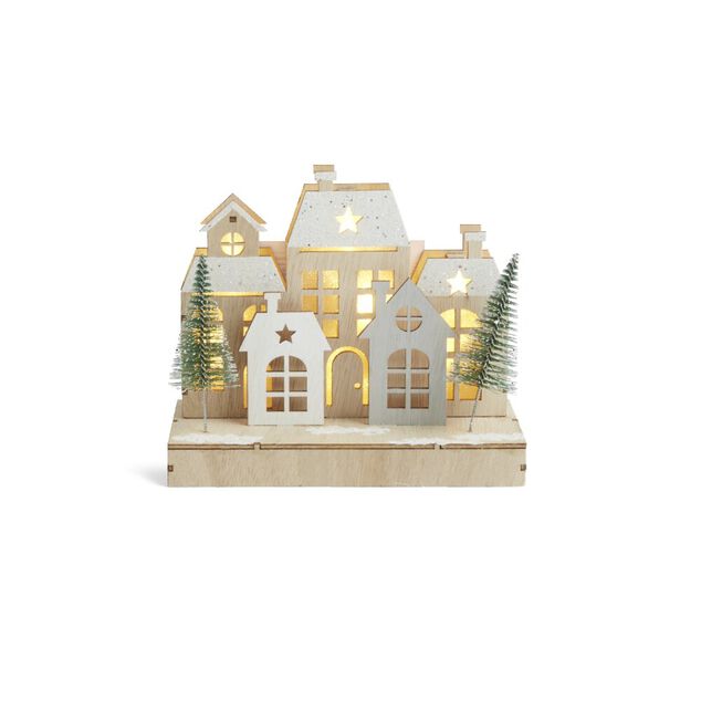 Village de No&euml;l lumineux en bois 7LED