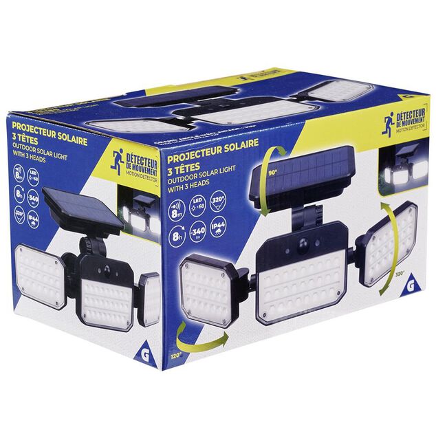 Lampe solaire triple LED 340 lumens projecteur d&eacute;tecteur de mouvement