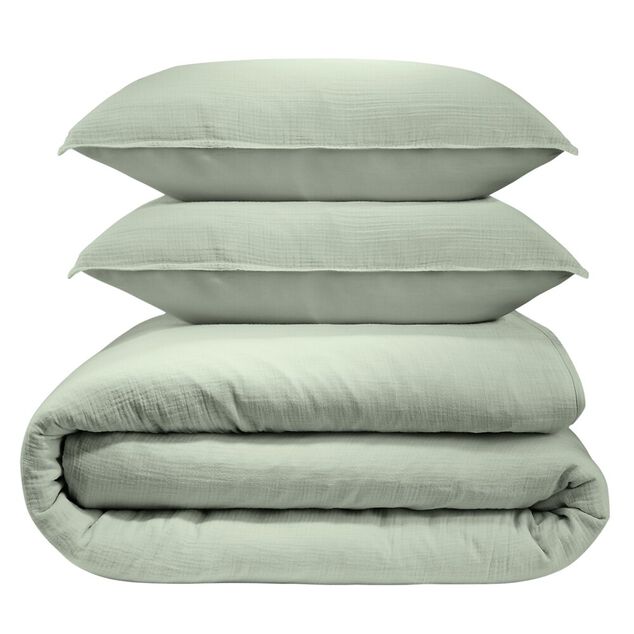 Parure de lit 220x240cm 2 personnes gaze de coton vert sauge 3 pièces