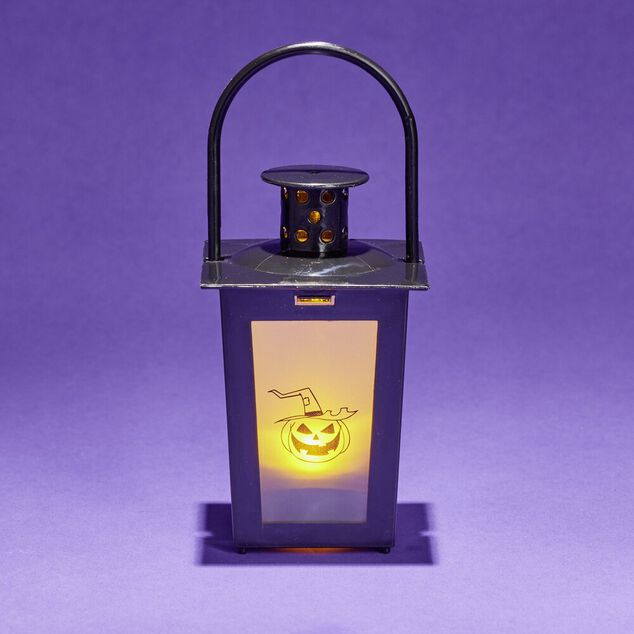 Lanterne LED Halloween anim&eacute;e &agrave; piles 7,4x7,4xH15,5cm