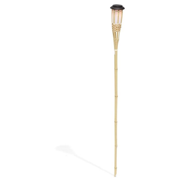 Torche solaire effet flamme 12 LED blanc chaud bambou H120cm