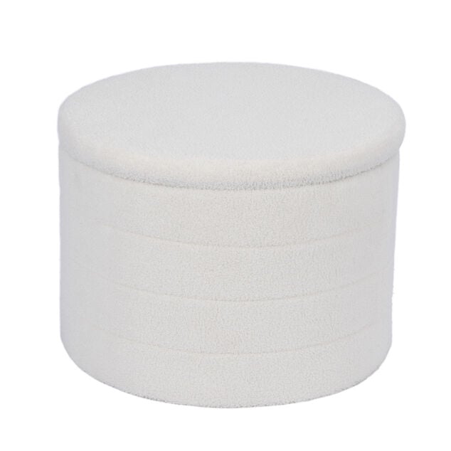 Pouf coffre de rangement rond blanc tissu bouclette Clara &Oslash;56xH40cm