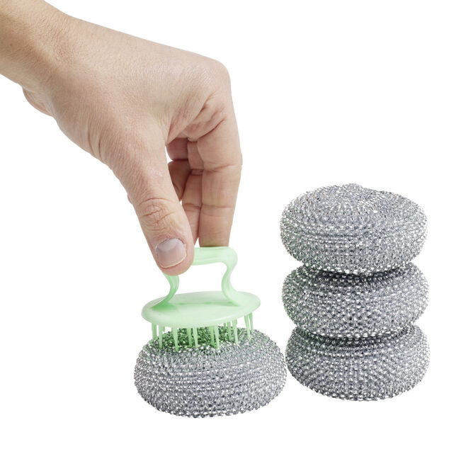 Éponge boule grattante x4 acier inox Ø8cm avec 1 poignée