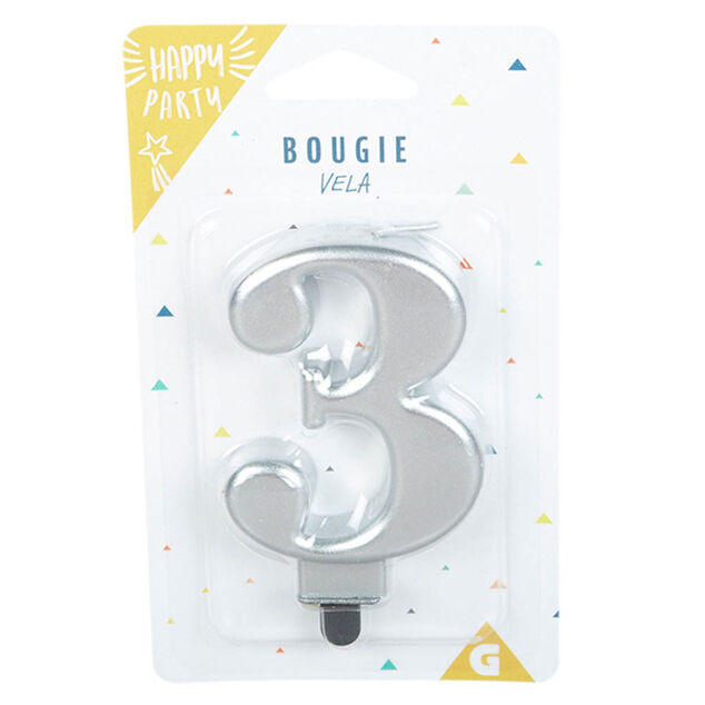 Bougie anniversaire chiffre 3 mat argenté