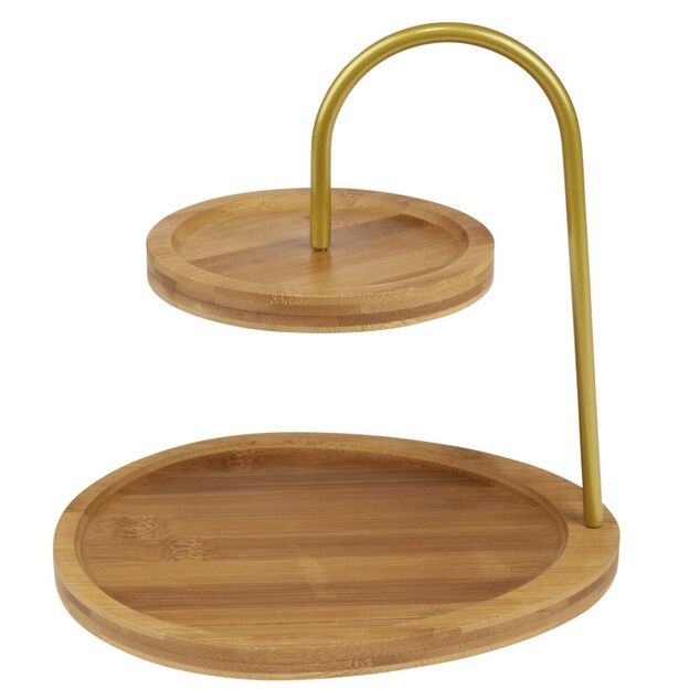 Plateau de pr&eacute;sentation 2 niveaux m&eacute;tal et bambou &Oslash;20cm et 18x24cm