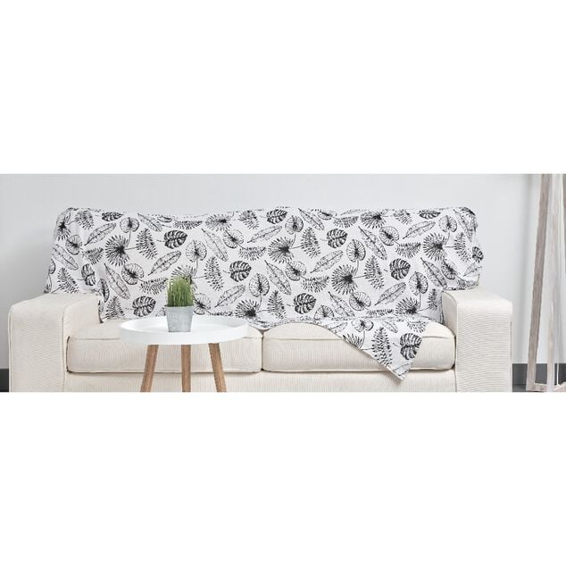 Plaid imprim&eacute; feuillage tropical noir et blanc