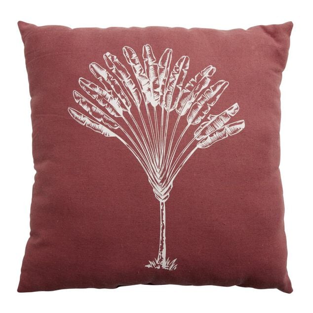 Coussin carré déperlant rouge motif palmier blanc 40x40cm