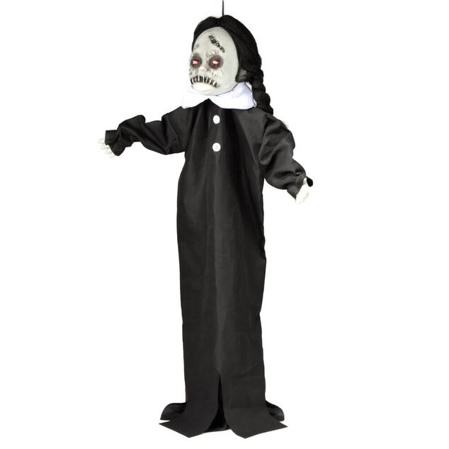 D&eacute;coration Halloween &agrave; suspendre poup&eacute;e cicatrice son et lumi&egrave;re noir yeux rouges H90cm