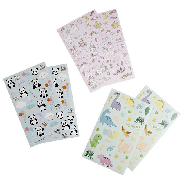 Sticker enfant licorne panda dinosaure 6 feuilles