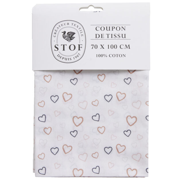 Coupon tissu imprim&eacute; coeurs 70x100cm coton blanc