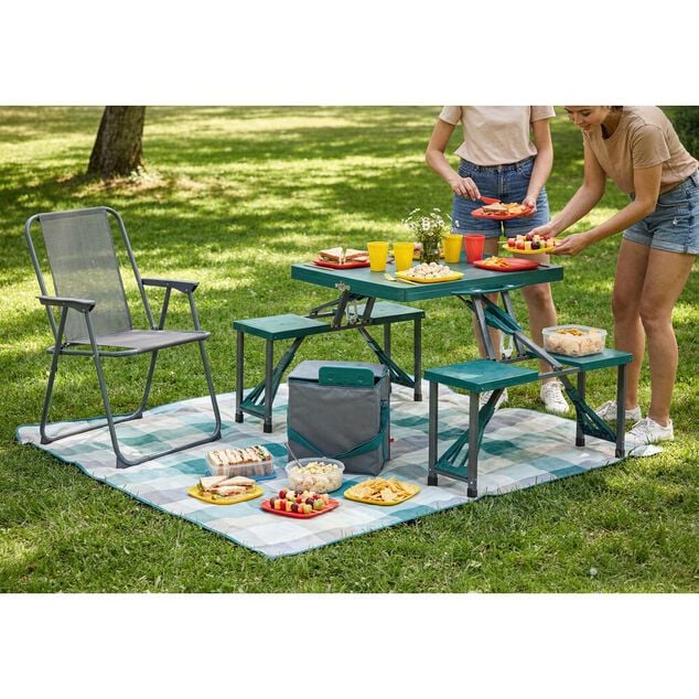 Table valise pliante avec si&egrave;ges bleu