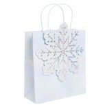 Sac cadeau No&euml;l bor&eacute;al motif flocon iridescent bleut&eacute; 23x9xH25cm