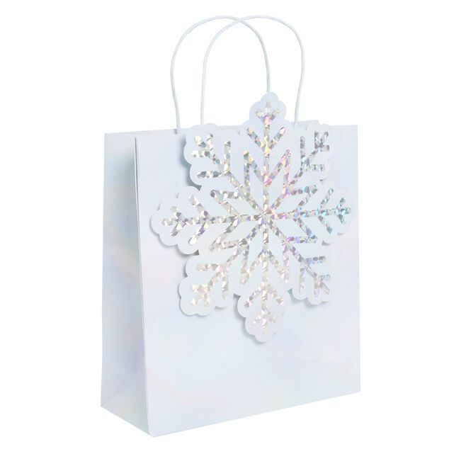 Sac cadeau No&euml;l bor&eacute;al motif flocon iridescent bleut&eacute; 23x9xH25cm