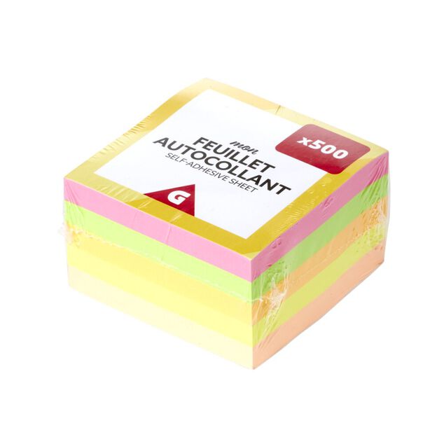 Bloc feuillets notes autocollants x500 7,5x7,5xH4,5cm