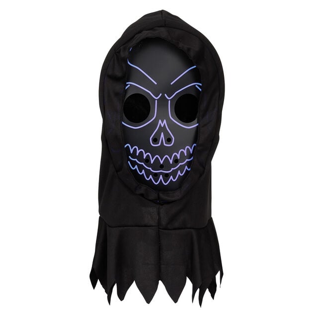 Masque adulte Halloween t&ecirc;te de mort LED avec cagoule noir