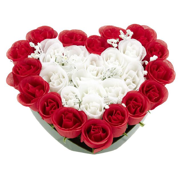 Coussin Oeillet artificiel forme coeur rouge et blanc 26 têtes