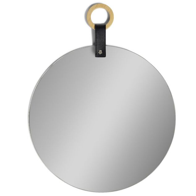 Miroir rond avec poignée simili et bois Ø35cm