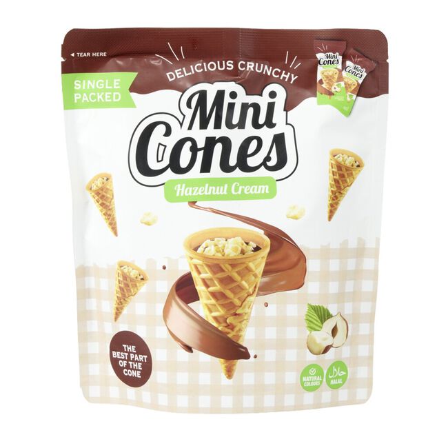 Mini-c&ocirc;nes gaufrettes18 portions fourr&eacute;s cr&egrave;me de noisette 100gr