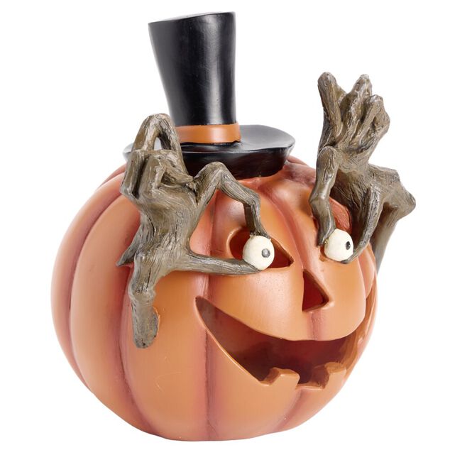 Citrouille Halloween orange LED polyr&eacute;sine 15,5x14,5xH18cm