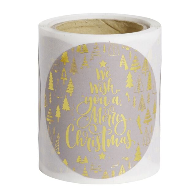 Rouleau &eacute;tiquette autocollante Merry Christmas sapin blanc et dor&eacute;e &Oslash;3cm x50