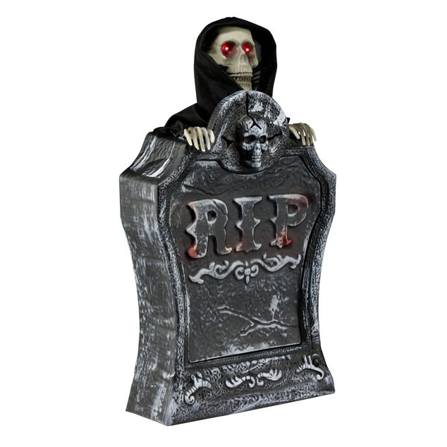 D&eacute;coration Halloween pierre tombale squelette son et lumi&egrave;re plastique noir H39cm