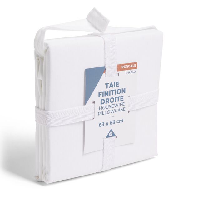 Taie d'oreiller 63x63cm 100% coton percale finition droite blanc