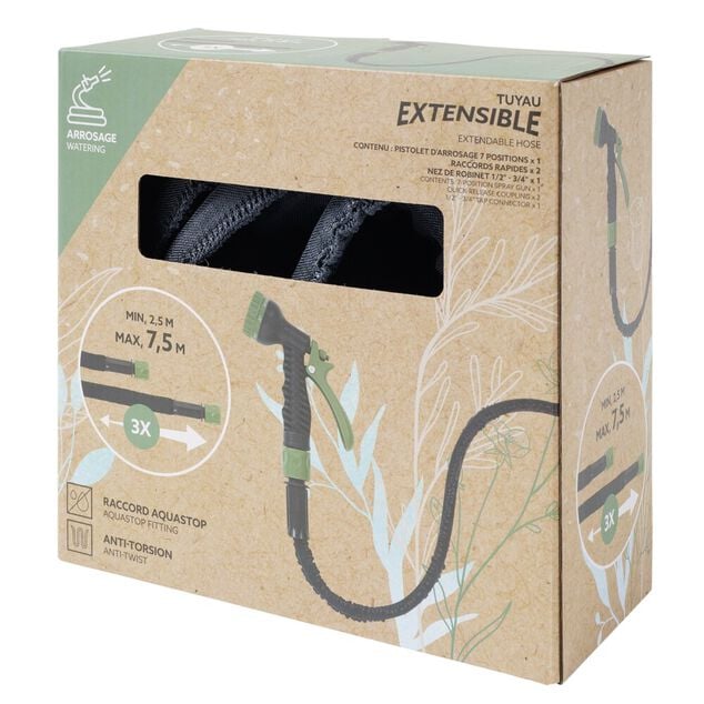 Tuyau d'arrosage extensible avec pistolet vert 2,5&agrave;7,5M