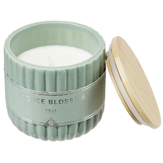 Bougie dans pot c&eacute;ramique et bambou &Oslash;9xH8cm