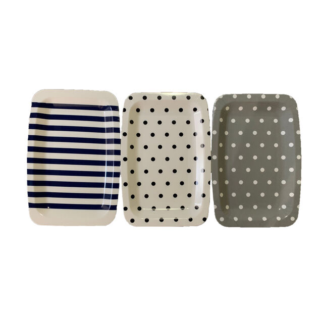 Plateau plastique ray&eacute; ou &agrave; pois 33x22xH1,5cm