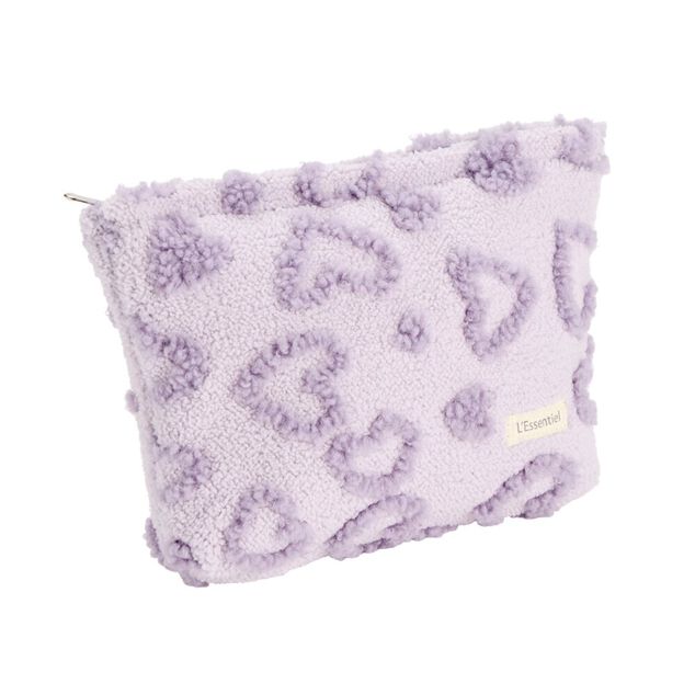 Trousse cosm&eacute;tique sherpa polycoton relief motif coeur violet 26x19cm