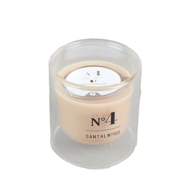 Bougie parfum&eacute;e dans verre double paroi senteur bois de santal 25H